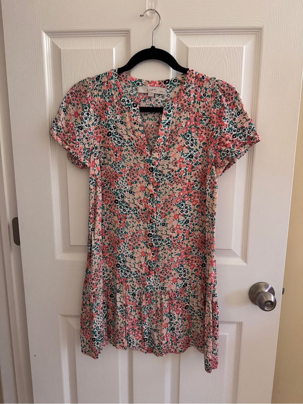 LOFT Floral Button Front Short Sleeve Petite Dress - Coral & Teal- Easy Wear